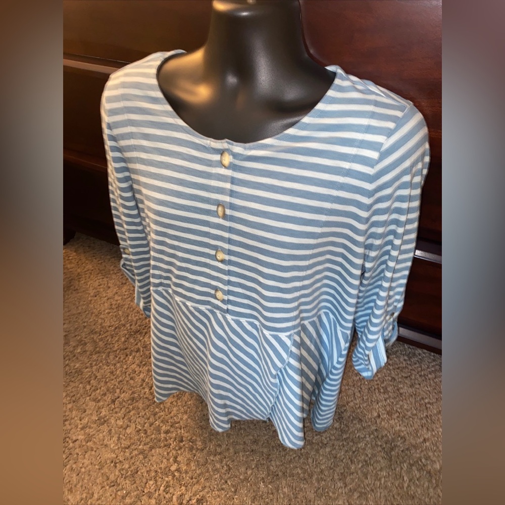 Soft Surroundings Size XS Large Tunic 3/4 Sleeve Blue Striped Shirt - Picture 3 of 6